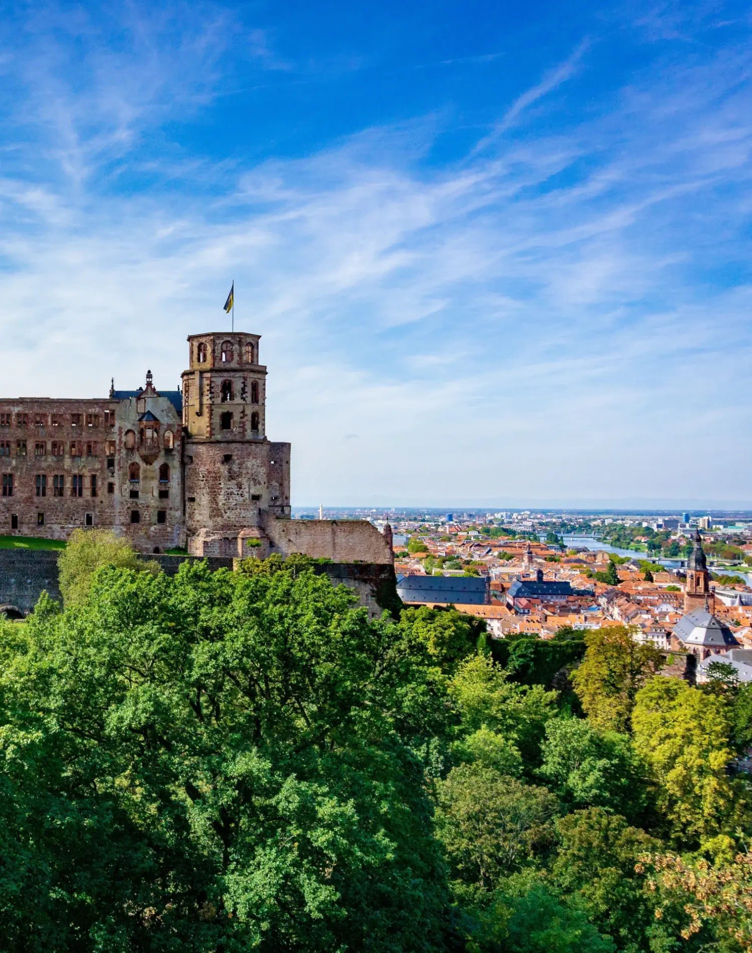 Ein Bild von der Burg Heidelberg mit Blick über die Stadt.