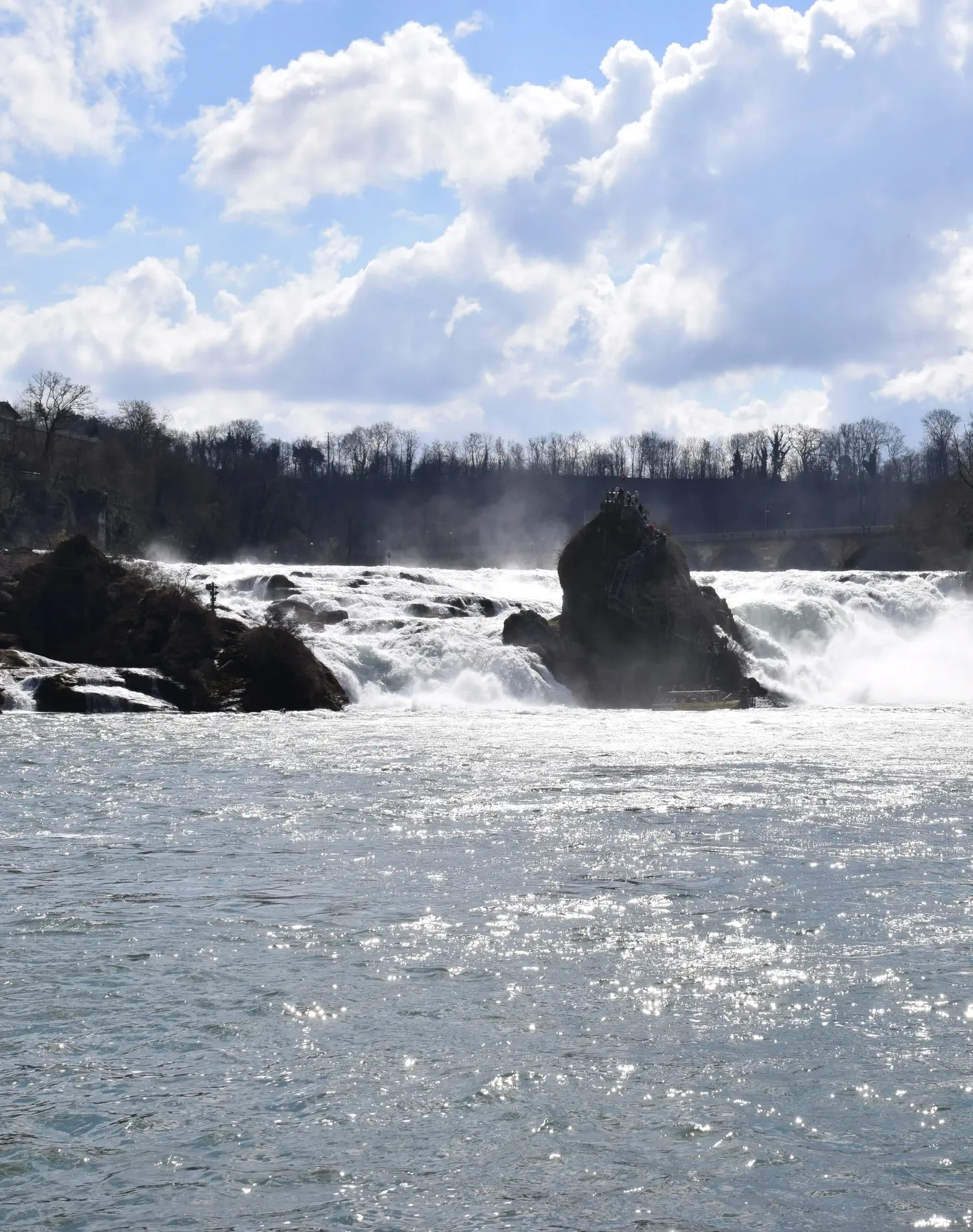 Der tosende Wasserfall mit Fels in der Mitte beim Rheinfall Schaffhausen.