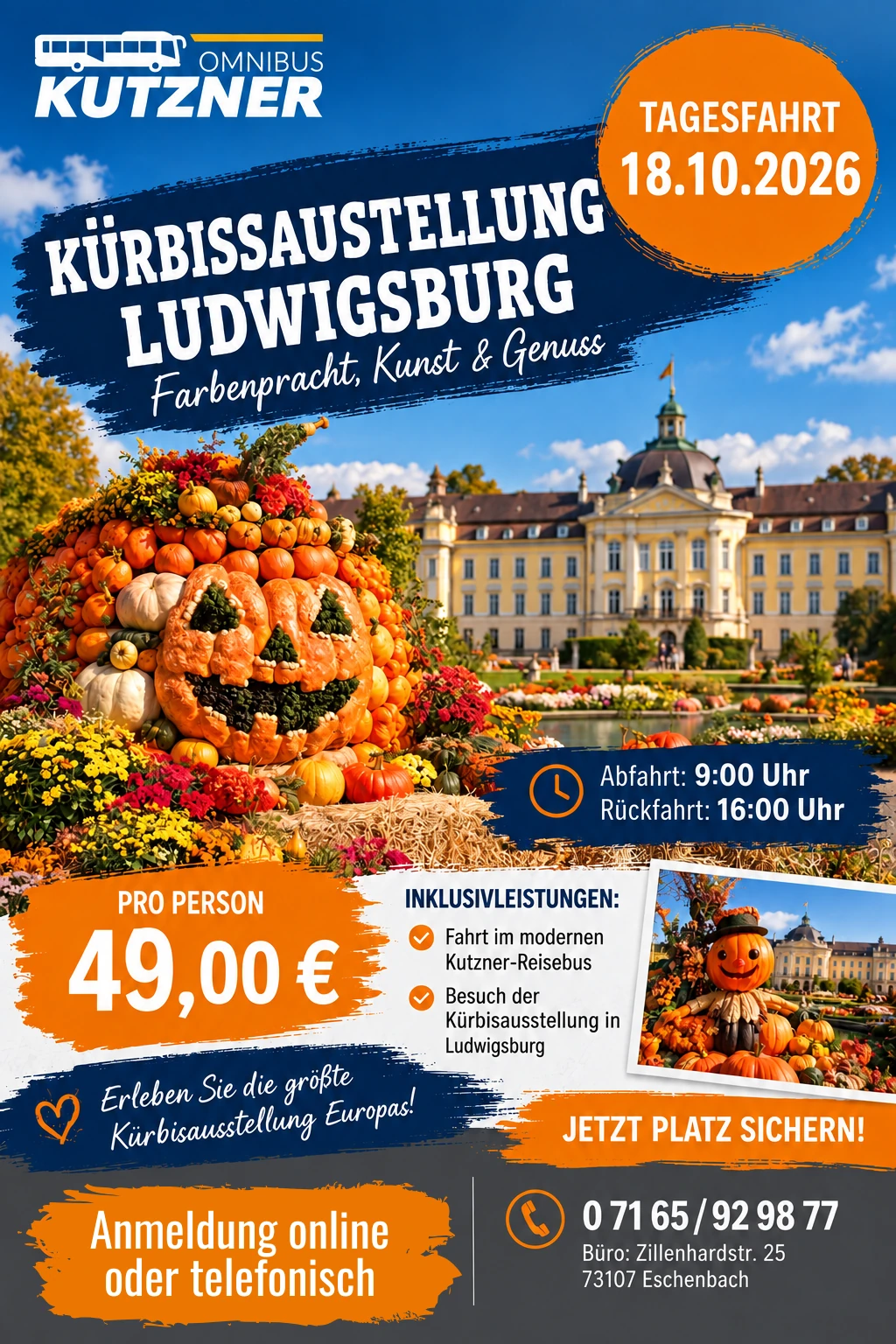 Ein Flyer zur Tagesfahrt am 18.10. auf die Kürbisausstellung. Alle Infos auf dem Flyer sind auf der Unterseite Tagesfahrten zu finden.